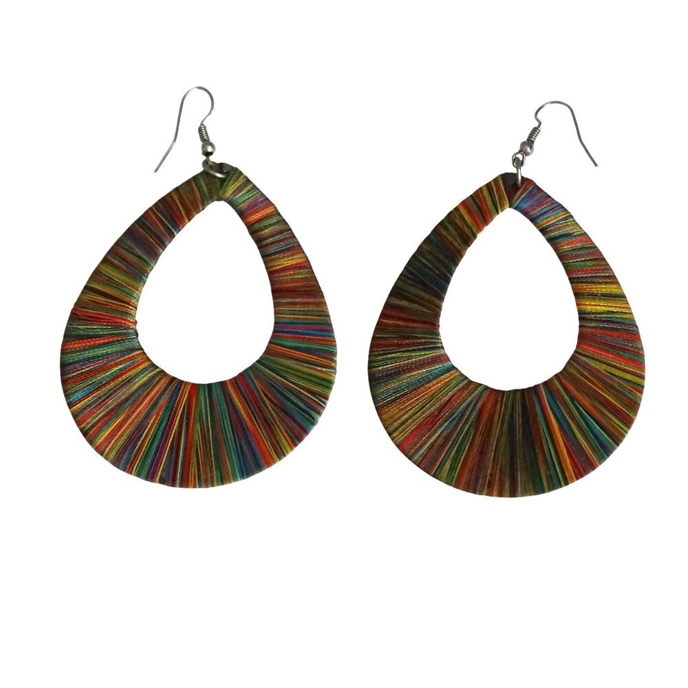 Multicolor Thread Wrapped Teardrop Earrings With Silver Hooks 2.5" x 2"